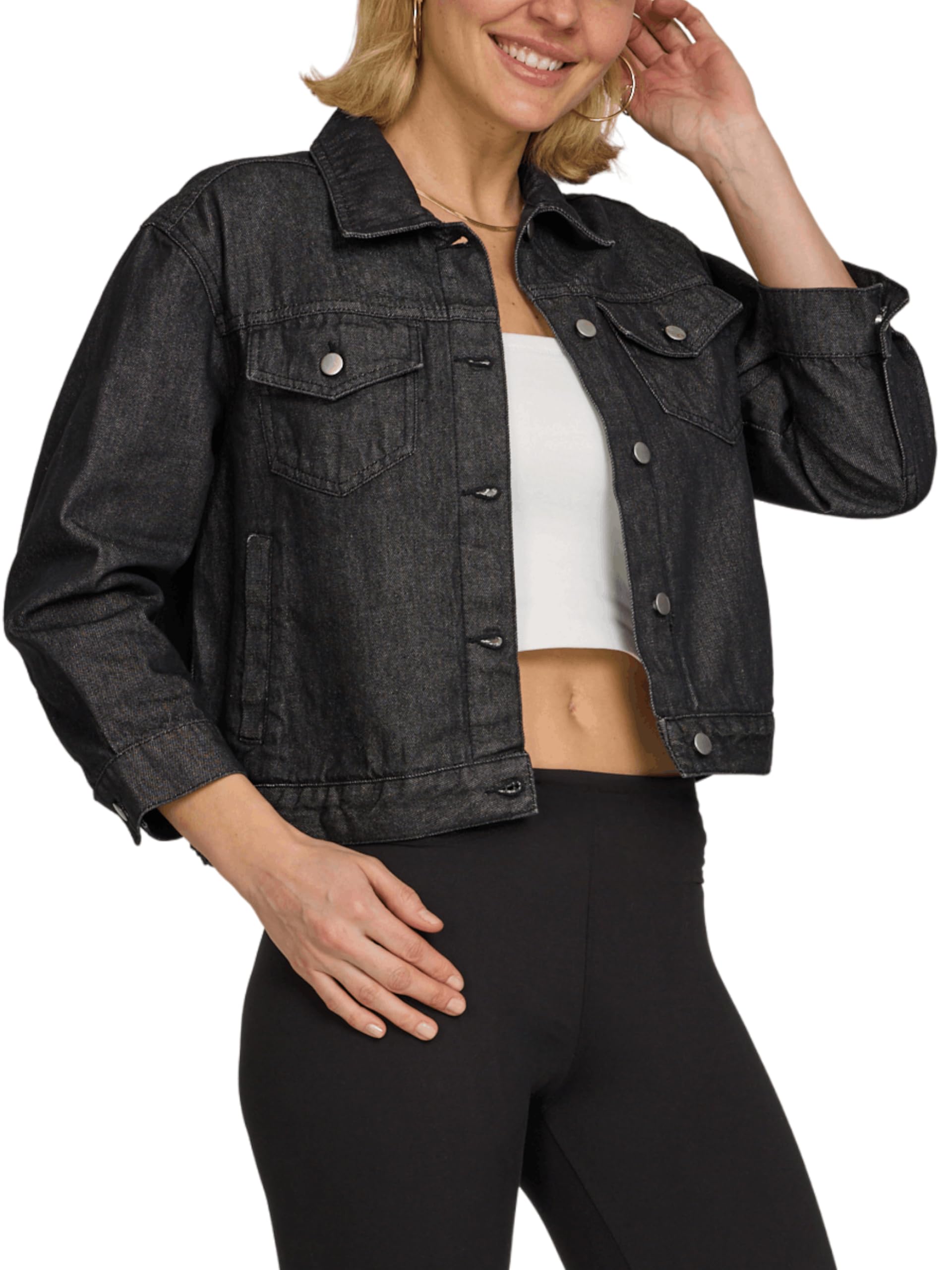 american denim 3/4 sleeve denim jacket for women, cropped button up top