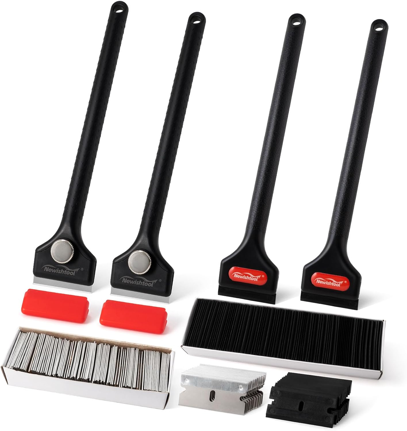 NEWISHTOOL 4 Pcs Long Handle Razor Blade Scraper with 100 PCS Plastic Blades and 100 PCS Metal Razor Blades, Sticker Remover Glue Residue Scraper Tool Long Reach Razor Scraper for Hard to Reach Corner