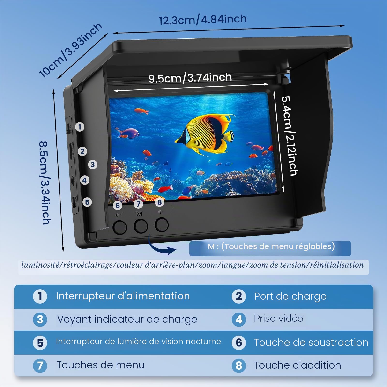 Caméra sous-marine pour la pêche, détecteur de poissons avec écran IPS de 4,3" et câble de 30 m, vision nocturne, infrarouge, grand angle, étanche IP65, pour la pêche sur glace, lac, rivière, mer et
