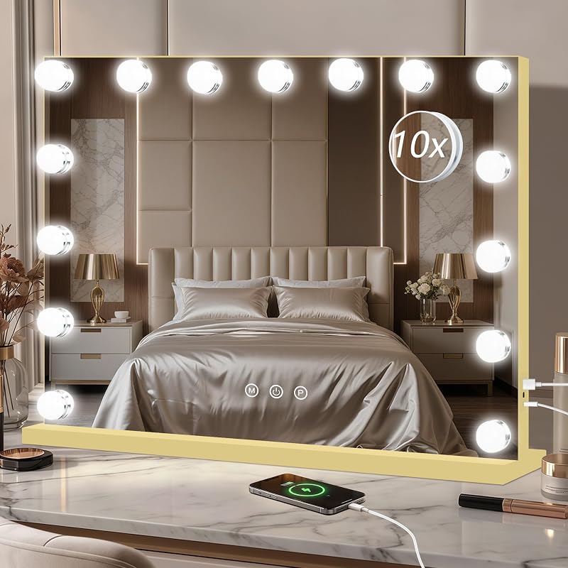 Espelho para maquiagem Ratsamee com iluminação, porta USB e suporte para celular, 58,42 cm x 45,72 cm, Gold