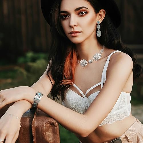 Miniatura 2 de Juego de 3 piezas de joyería de disfraz de Concho occidental para mujer, aretes colgantes occidentales, gargantilla bohemia, brazalete bohemio,