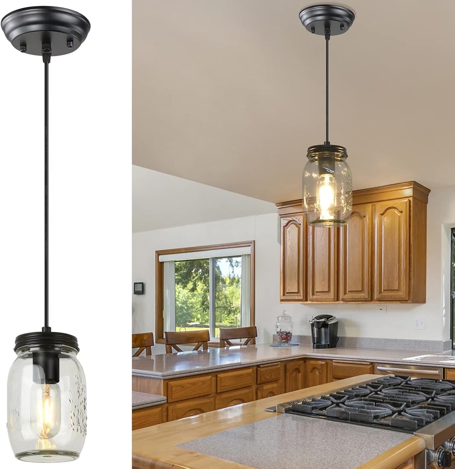 Glass Mason Jar Light Fixtures, 1-Light Kitchen Island Lighting, Farmhouse Pendant Lights Kitchen Island, Adjustable Black Hanging Lights for Kitchen Over Sink Dining Room
