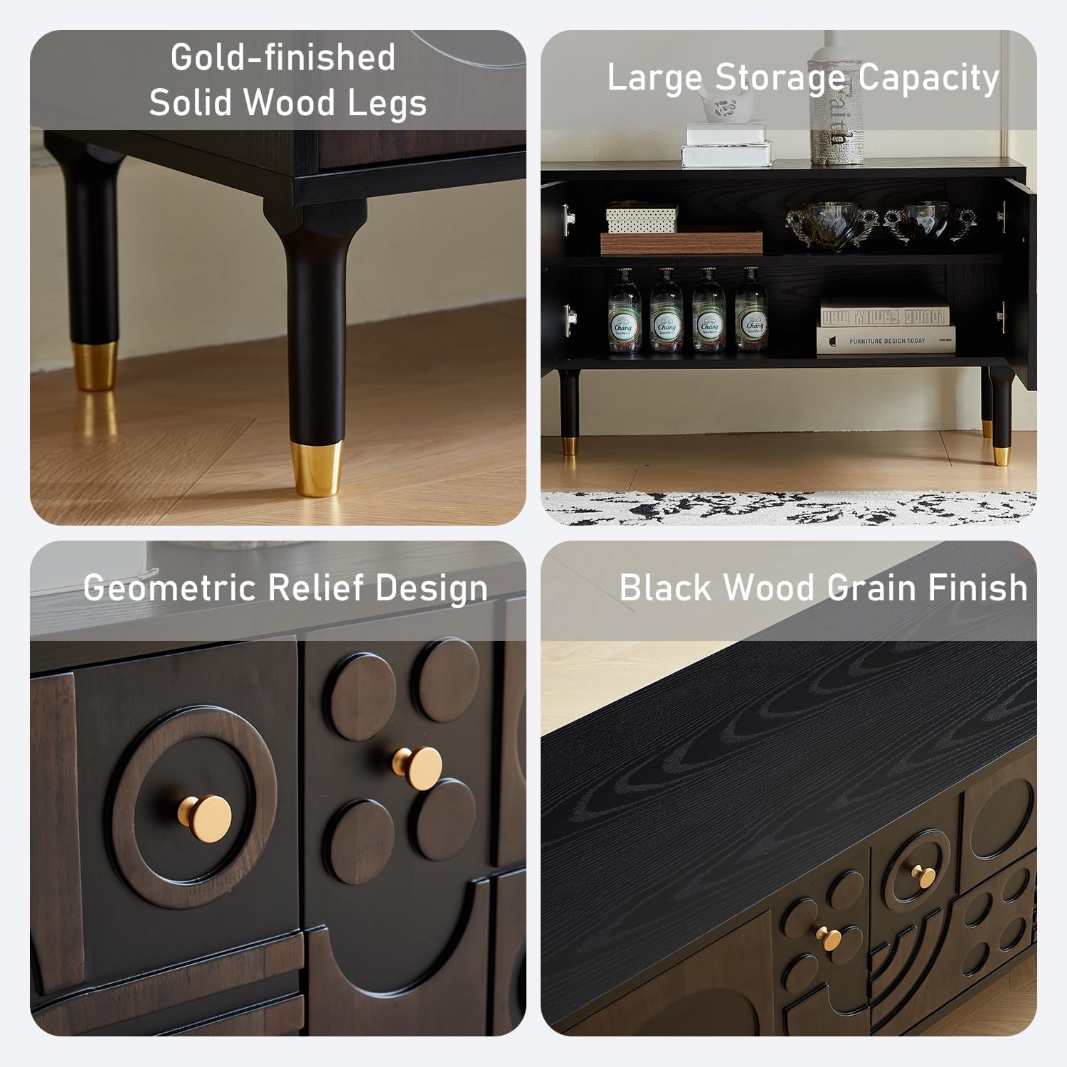 Detailed features of the siu want Modern TV Stand: gold-finished solid wood legs, large storage capacity, geometric relief design, and black wood grain finish.