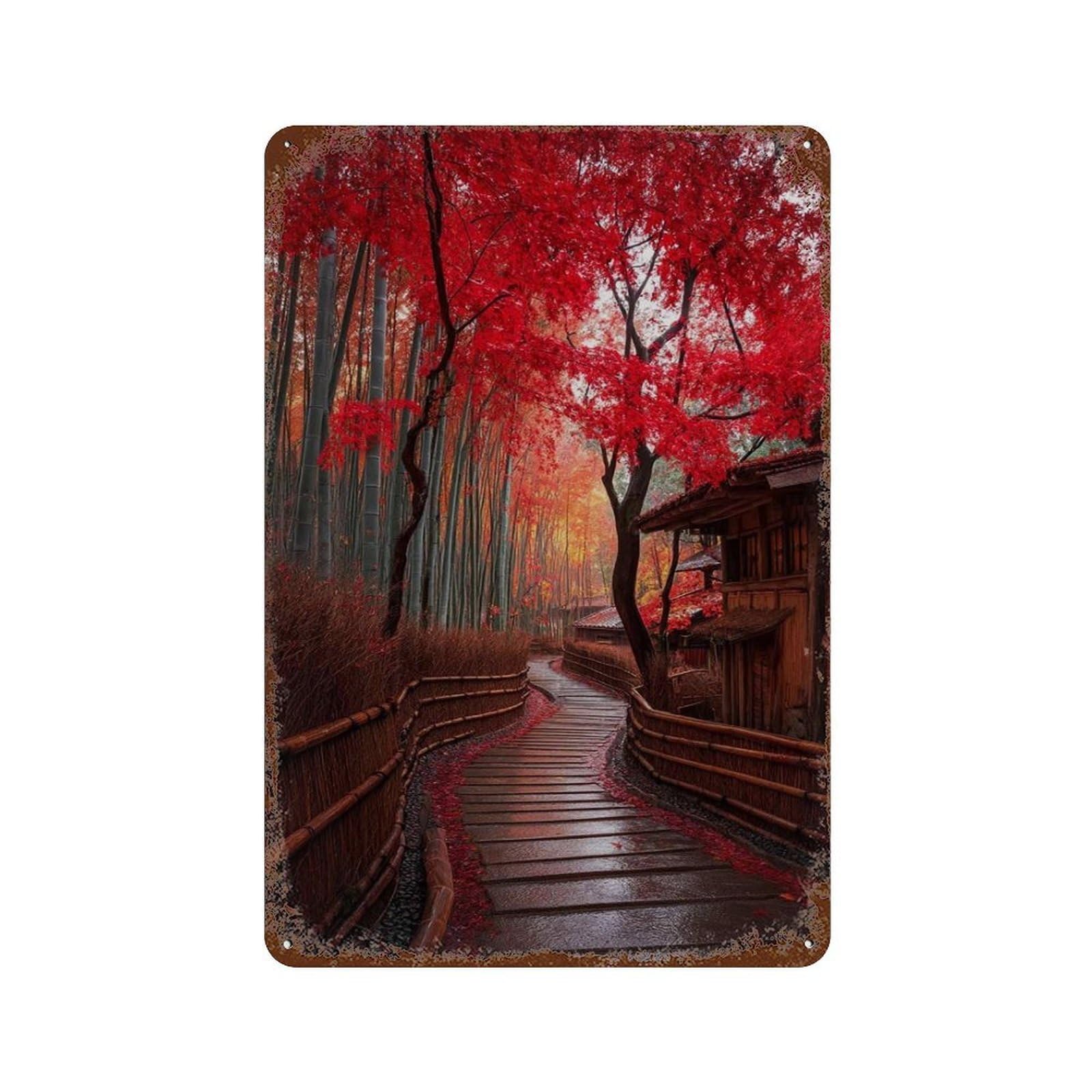 xiaoxiaoshen Japanese Autumn Pathway Red Maple Leaves And Bamboo Forest Tranquil Kyoto Garden Wall Decor Art Metal Tin Poster Modern Home Decor Art Home Bar Shop Decorations Vintage Sign 30x20cm