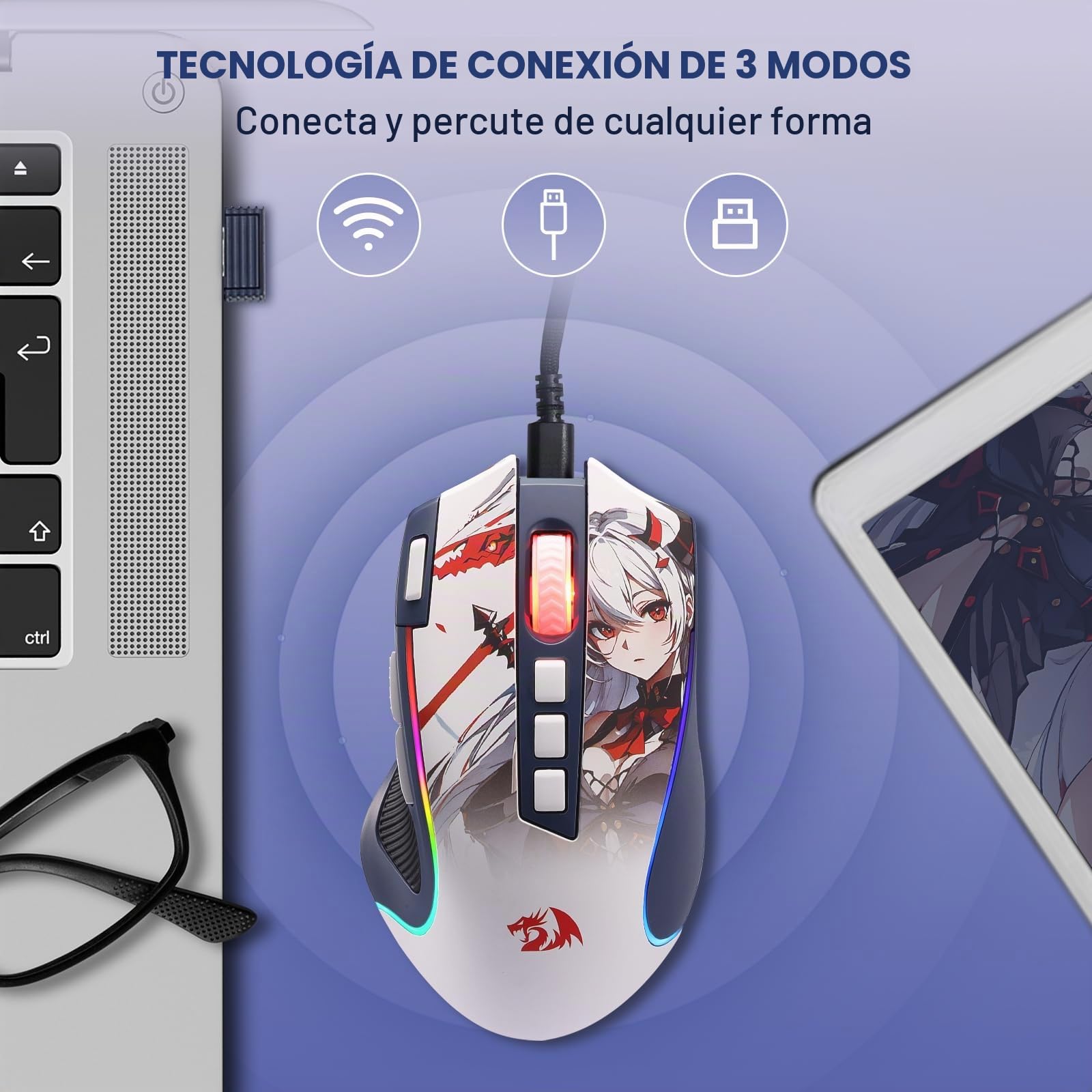 Redragon M612AK Pro Ratón Gaming Anime RGB Inalámbrico 8000 dpi | 9 Botones Programables 7 Modos Retroiluminación BT 2.4G Botón Fuego Rápido Software