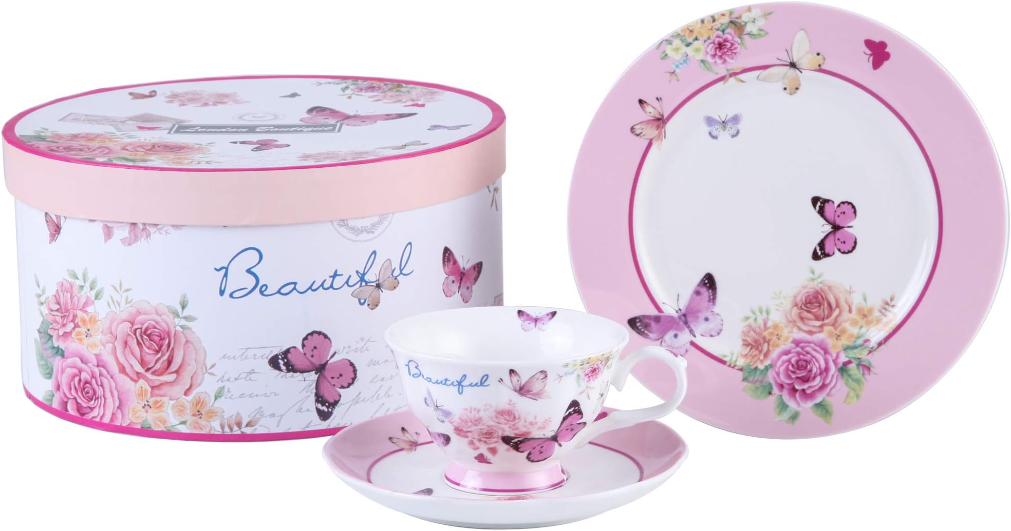 Afternoon Tea Set 3 Coffee Tea cup and Saucer Dessert Plate Shabby Chic Vintage porcelain Gift Box (Butterflies)