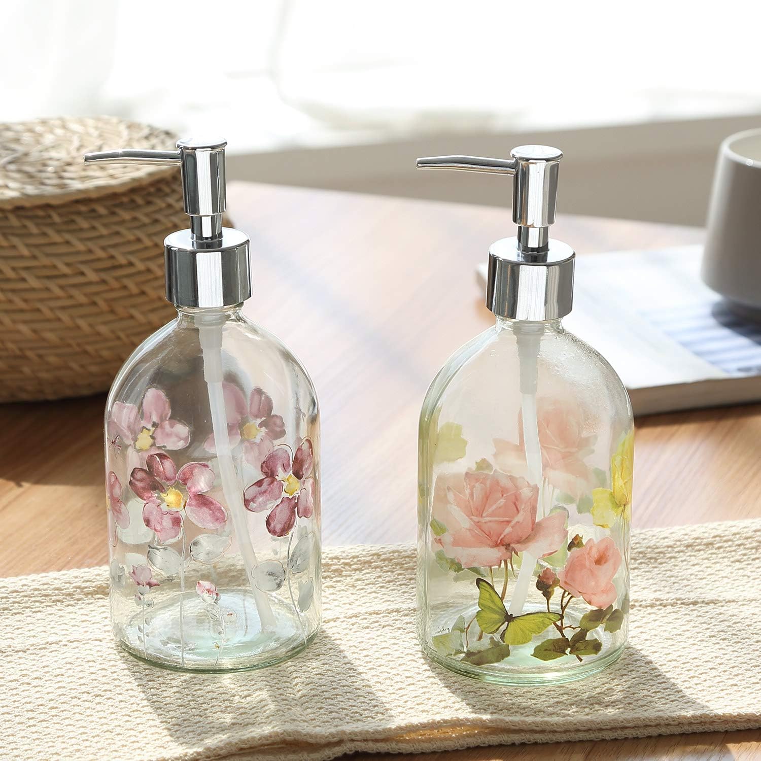 17oz flower glass soap dispenser bottle with plastic pump,set of 2 purple&yellow