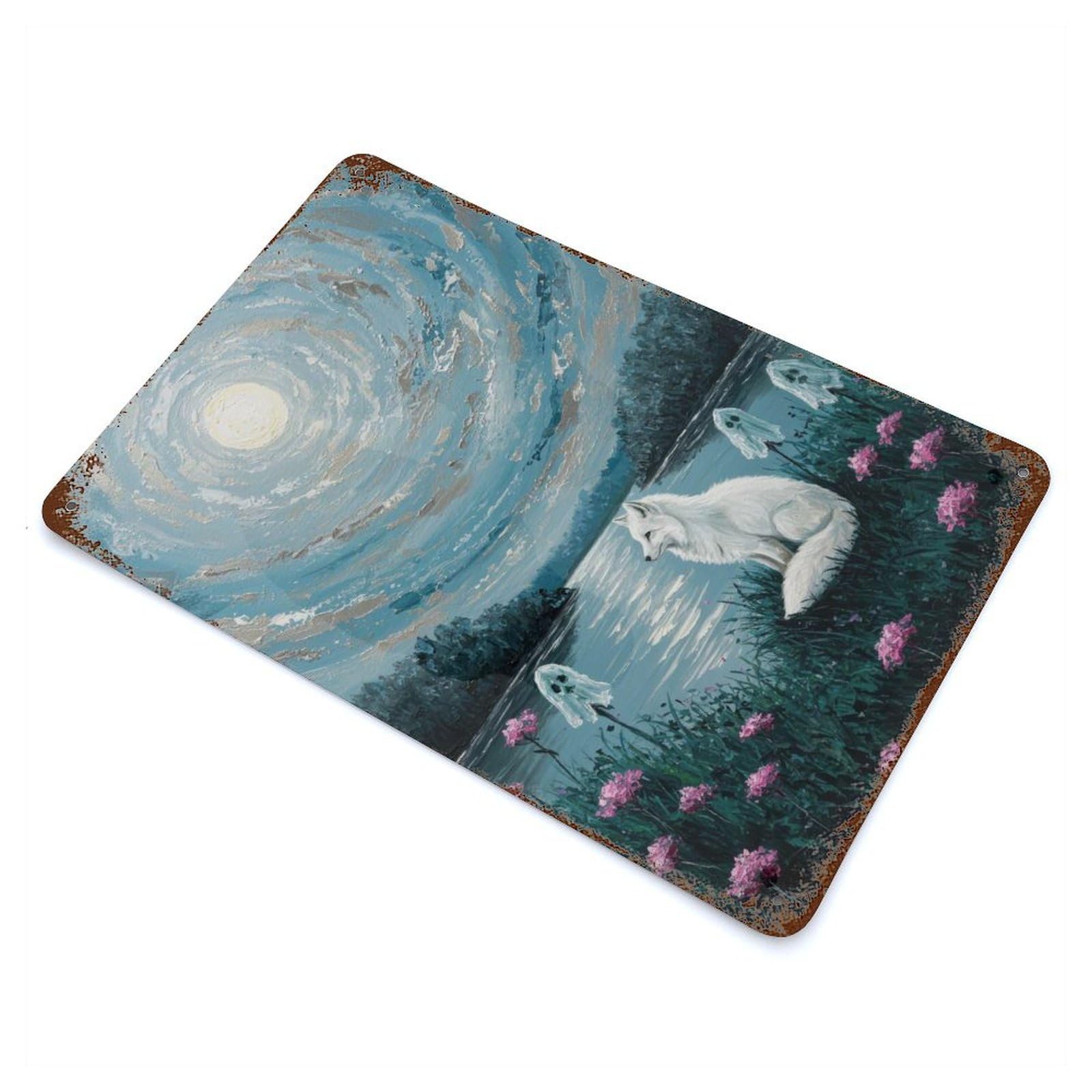 Fox, Ghosts, And Moonlit Landscape Painting Vintage Wall Sign 11.8"x7.9", Rust Effect Metal Decor for Cafe, Home Bar And Lounge Decor