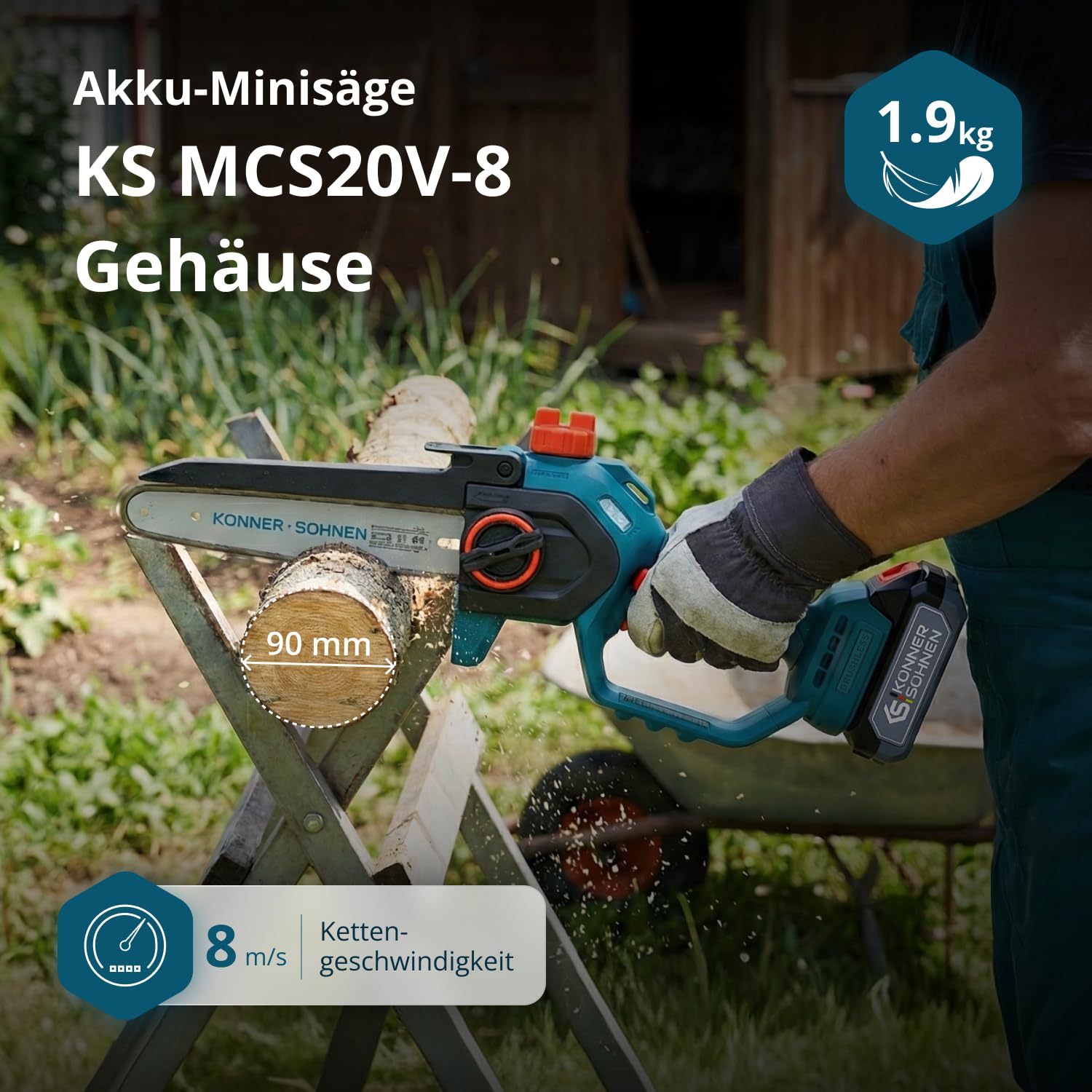 K&S Könner&Söhnen KS MCS20V-8 Case akumulatorowa mini piła łańcuchowa z mieczem 8", elektryczna ręczna piła łańcuchowa z automatycznym smarowaniem łańcucha, jednoręczna piła akumulatorowa z ładowarką