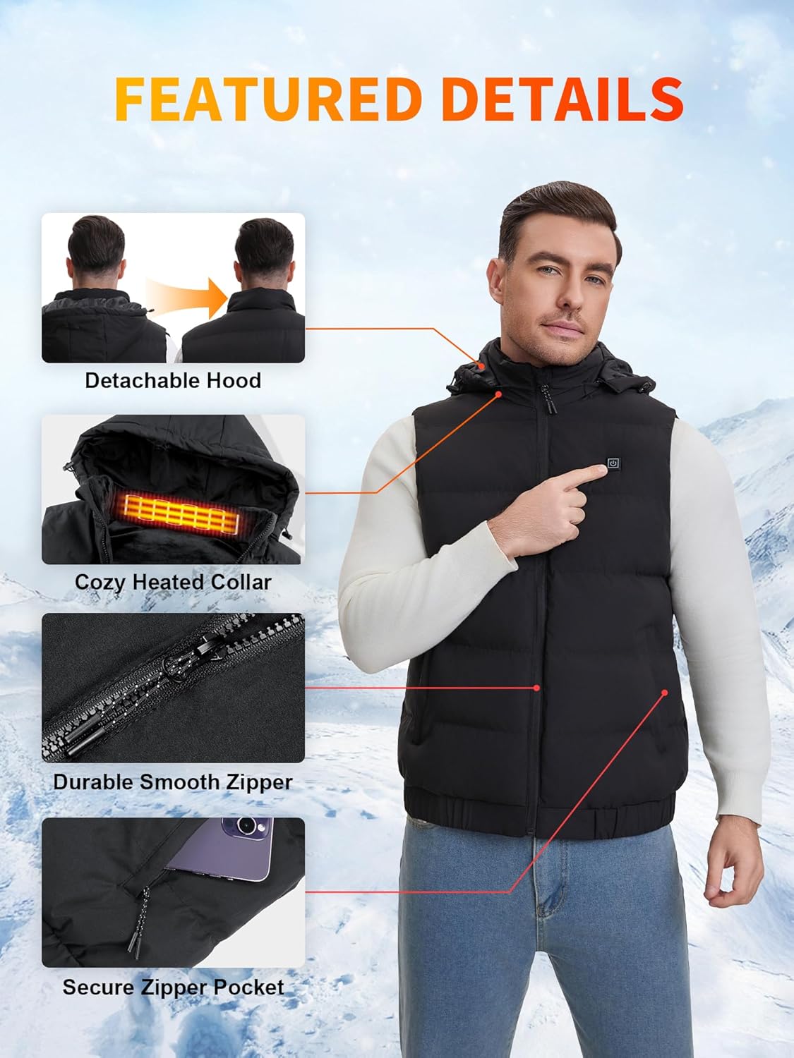 Rrtizan Heated Vest for Men with Detachable Hood, 10000mAh Battery, 9 Heating Zones, 3 Temp Levels, Lightweight Waterproof for Winter Hunting, Hiking(806,S) - Image 4
