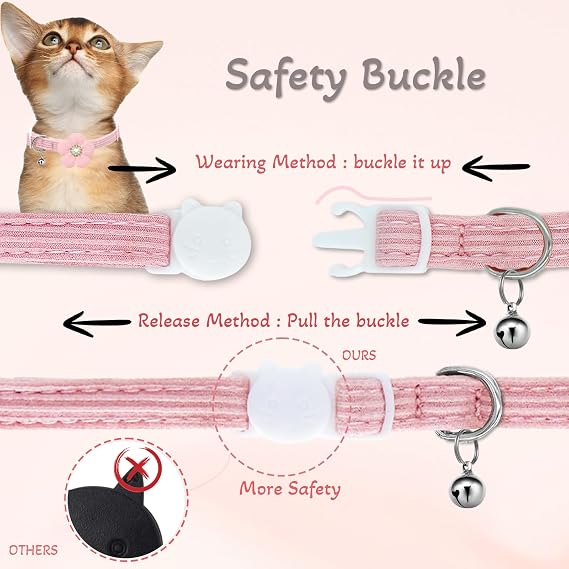 Cat Collar, HANSHILAI Kitten Collar with Bells, Cute Cat Collar Breakaway for Girl Boy with Flower,Collar para Gatos (2 Pack) (Rhinestones Yellow & Pink & Orange & Purple)