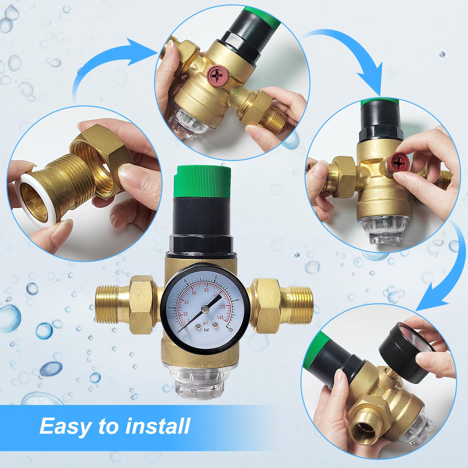 Réducteur De Pression D'eau 1/2" DN15 Avec Manomètre - En Laiton, Plage 0-1.6 MPa, Pour Régulation Pression Eau