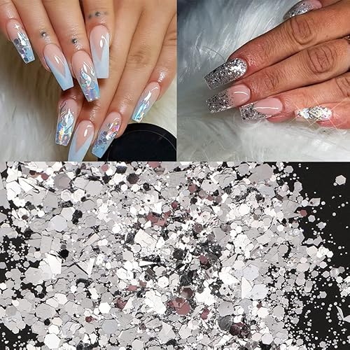 Gors Holographic Nail Foil Glitter Art Flake, 6 Jar Silver Holographic Nail Art Sequins Bright Colorful Shiny Nail Supplies Nail Glitter Nail Confetti Diy Nail Art Design Decoration Accessories #TOP3