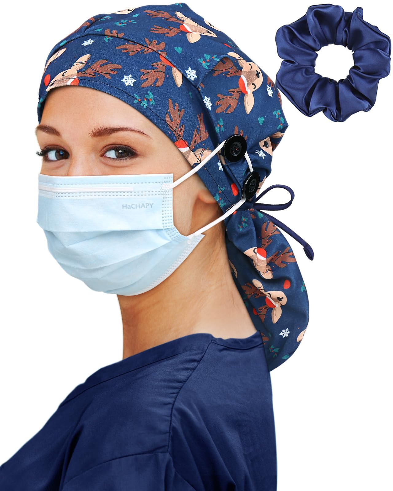 Satin Lined Scrub Cap for Women Extra Large Long Hair Surgical Nurse Cap 4 Buttons