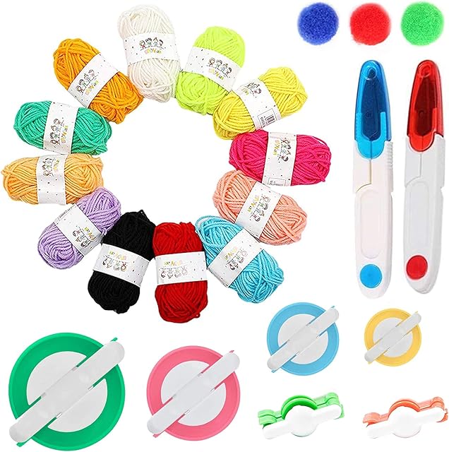 20 Pack Pom Pom Making Tool Set, 6 Different Sizes Pompom Maker with 12 Colours Yarn, DIY Fluff Balls Knitting Craft Making Kit with Sewing Scissors for Kids and Adult