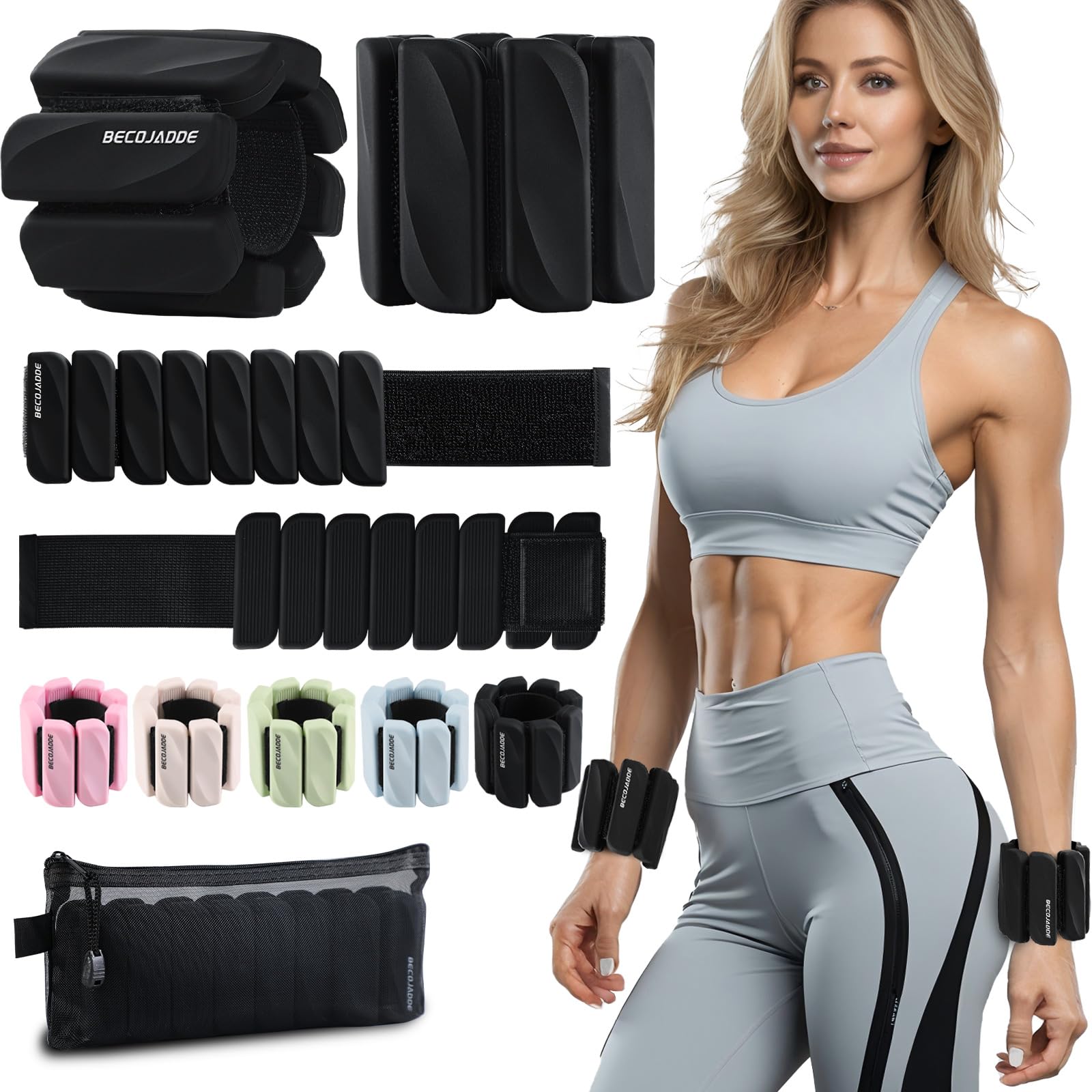 BECOJADDE Ankle Weights for Women Men Set of 2 (0.45 Kg Each) Adjustable Wrist Weights Bracelet for Home Gym Weighted Wristbands Leg Arm Weights for Walking Swimming Running Pilates Yoga Black