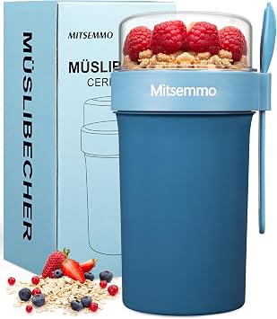Mitsemmo Cereal Cup On The Go,760ml+230ml Muesli Cup,Breakfast Pots to Go,Yogurt and Granola Pot With Sauce Container,Travel Cereal Bowl and Milk Container,Reusable Overnight Oats Jar with Lid & Spoon
