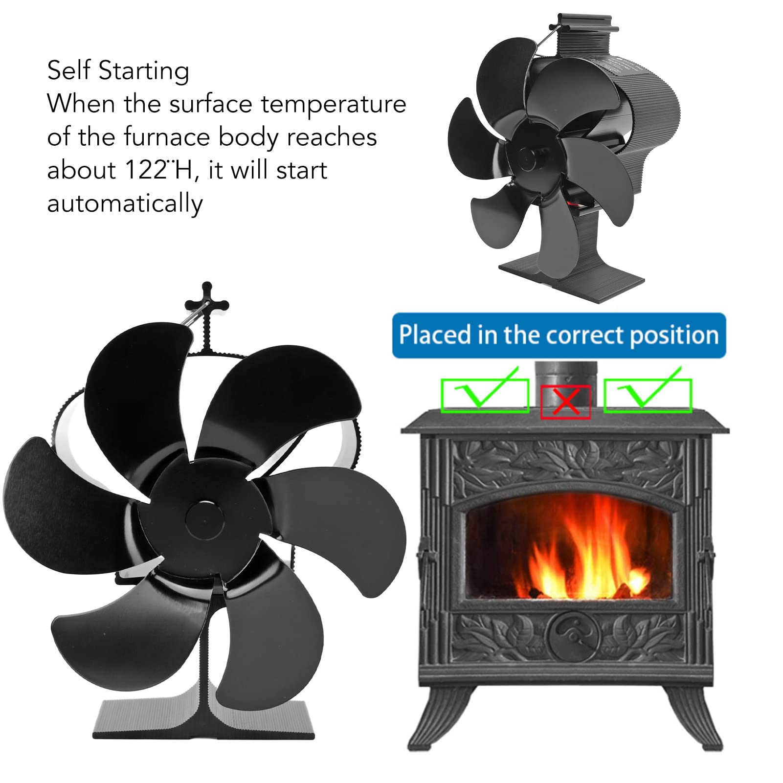 Wärmebetriebener Ofenventilator, Holzofenventilator, Kaminventilator, 6 Flügel, Selbststartend, Leiser Betrieb, Keine Batterien Erforderlich für Holz-Gas-Pelletöfen