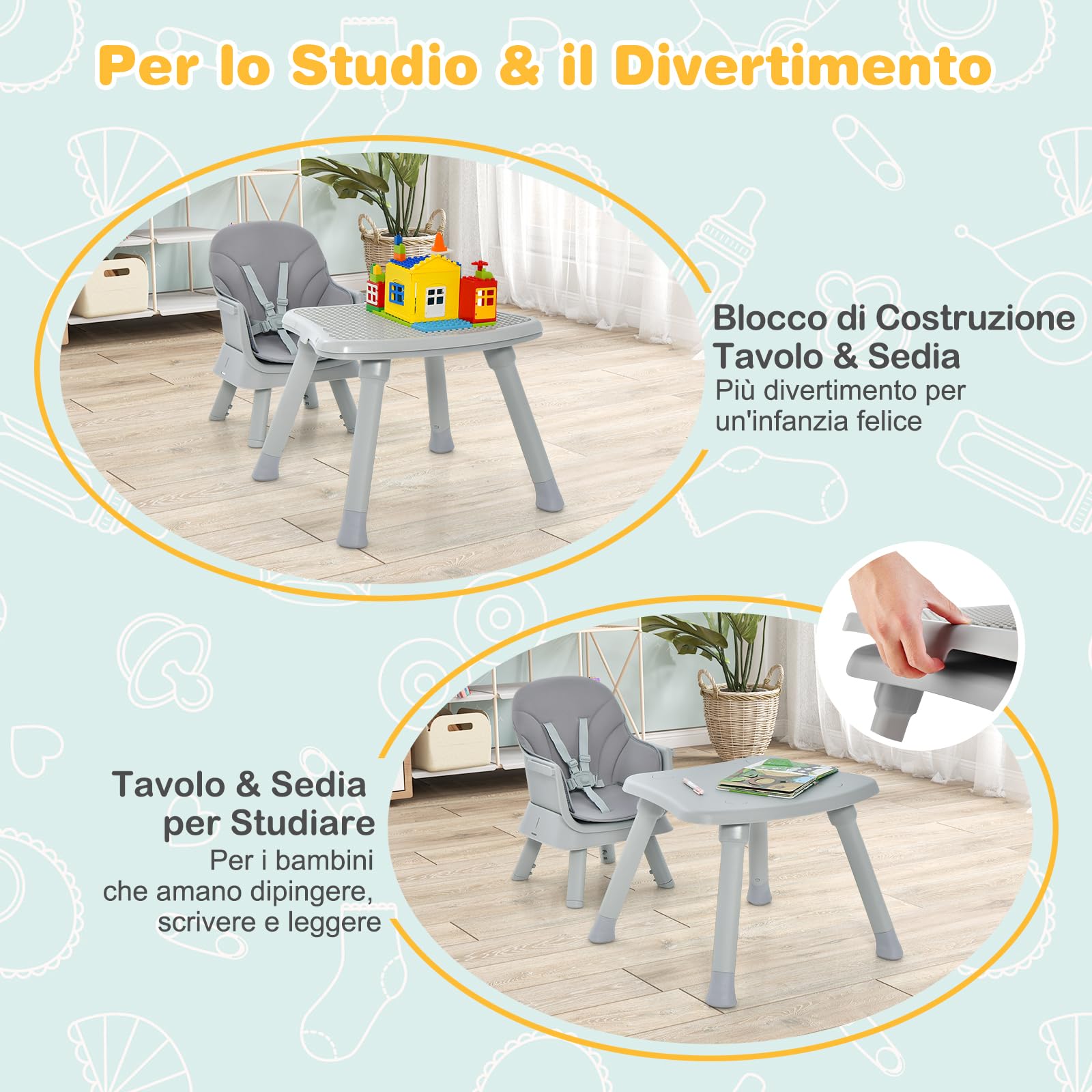 RELAX4LIFE 6 en 1 Trona Bebé con Arnes de 5 Puntos y Cojín Desmontables, Tronas de Bebe Portátil con Bandeja Ajustable y Extraíble, Mesa y Silla Infantil para Niños 6+ Meses, Carga 25kg (Gris)
