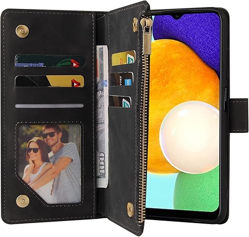 Miniatura 4 de LBYZCASE Funda para Samsung Galaxy A03S con tarjetero, duradero, de lujo, magnético, con tapa, bolsillo con cremallera, correa para la muñeca,
