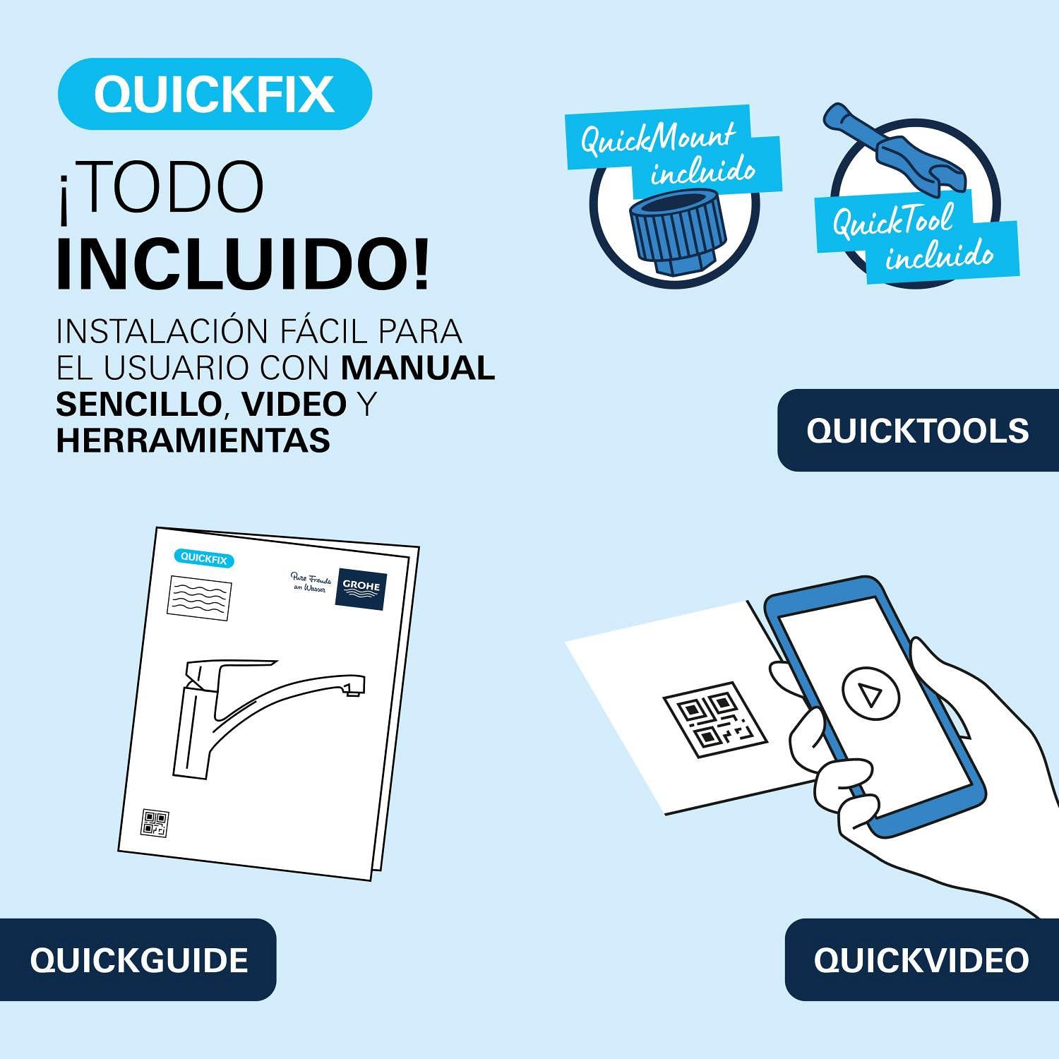 GROHE Get – Grifo Cocina con Caño Extraíble (2 Chorros, Caño Alto 381mm, Giro 360°, Cartucho 35mm, Acoplamiento Suave, Conexión 3/8", QuickMount), Negro Mate, 314842431