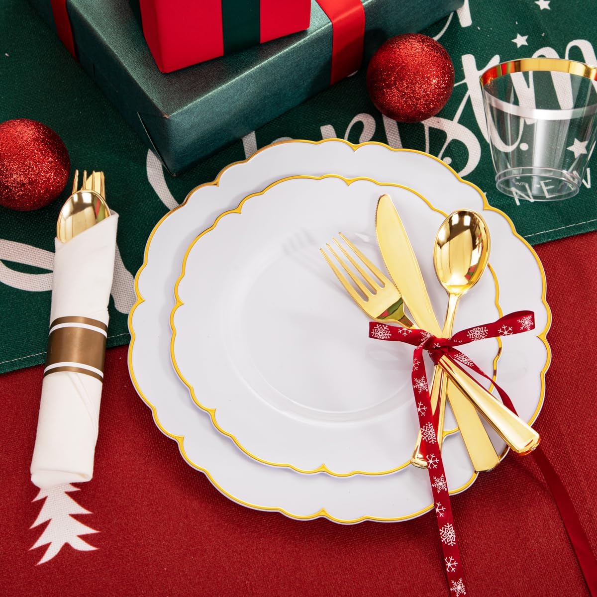 Morejoy 175PCS Gold Plastic Plates,White Gold Disposable Plates with Pre Rolled Napkins:25 Dinner Plates,25 Dessert Plates,25 Spoons,25 Forks,25Knives,25Cups,25Napkins for Party & Christmas - Image 7