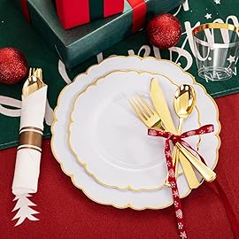 Morejoy 175PCS Gold Plastic PlatesWhite Gold Disposable Plates with Pre Rolled Napkins:25 Dinner Plates,25 Dessert Plates,25 Spoons,25 Forks,25Knives,25Cups,25Napkins for Party & Christmas