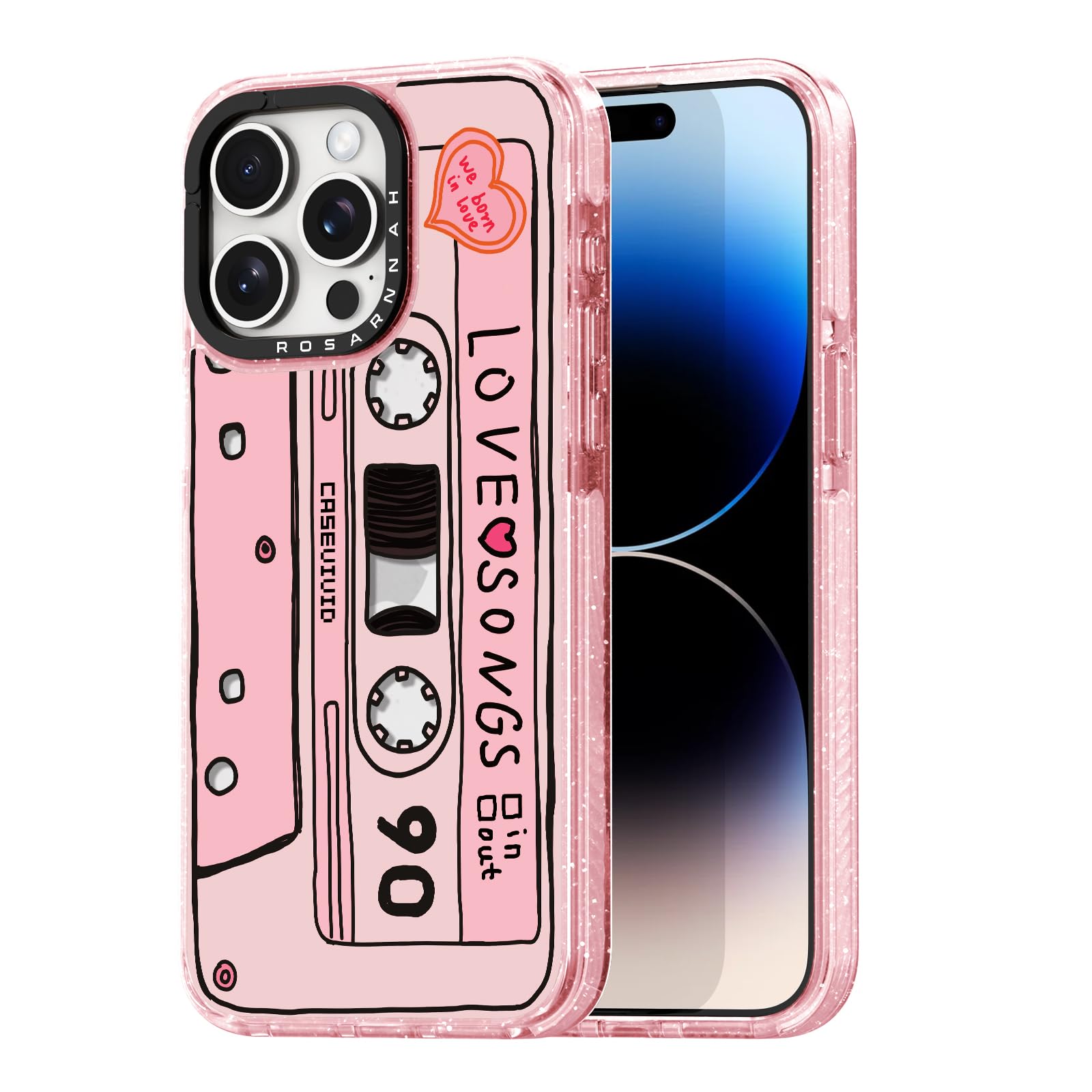 Rosarnnah for iPhone 14 Pro Case Cute - Durable Shockproof 6.6 ft Drop Impact Phone Case - Funny Cassette Tape Design (6.1") Glitter Pink