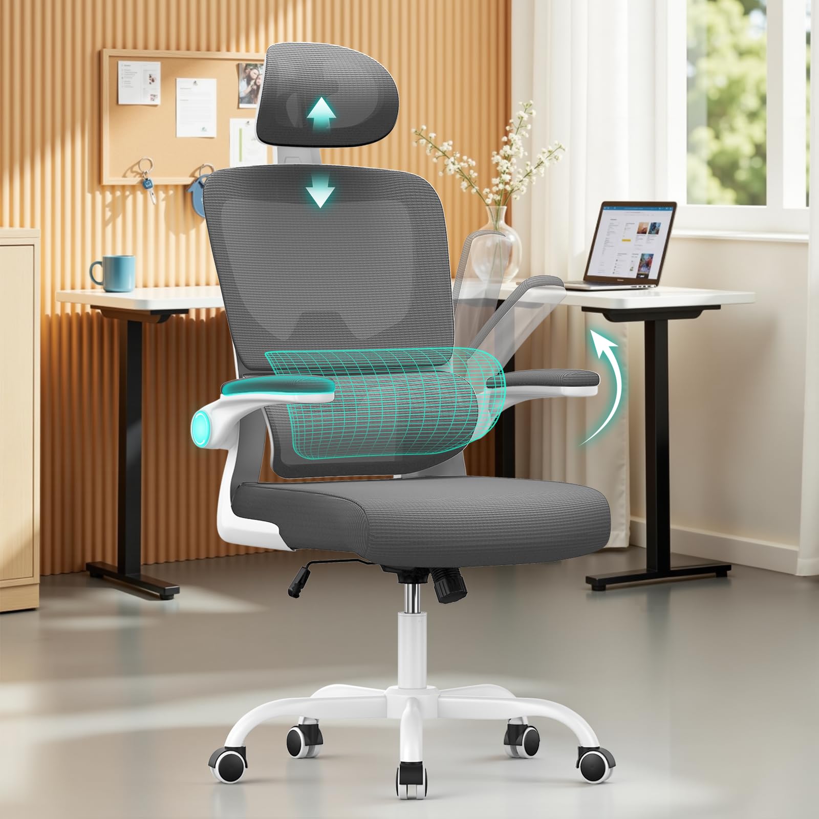 naspaluro Ergonomic Office Chairs, High Big Study Desk Computer Chair with Flip-up Armrests/Back Support/Adjustable Headrest, Comfy Swivel PC Work Chair, Dark Gray Mesh Office Chairs for Home Office
