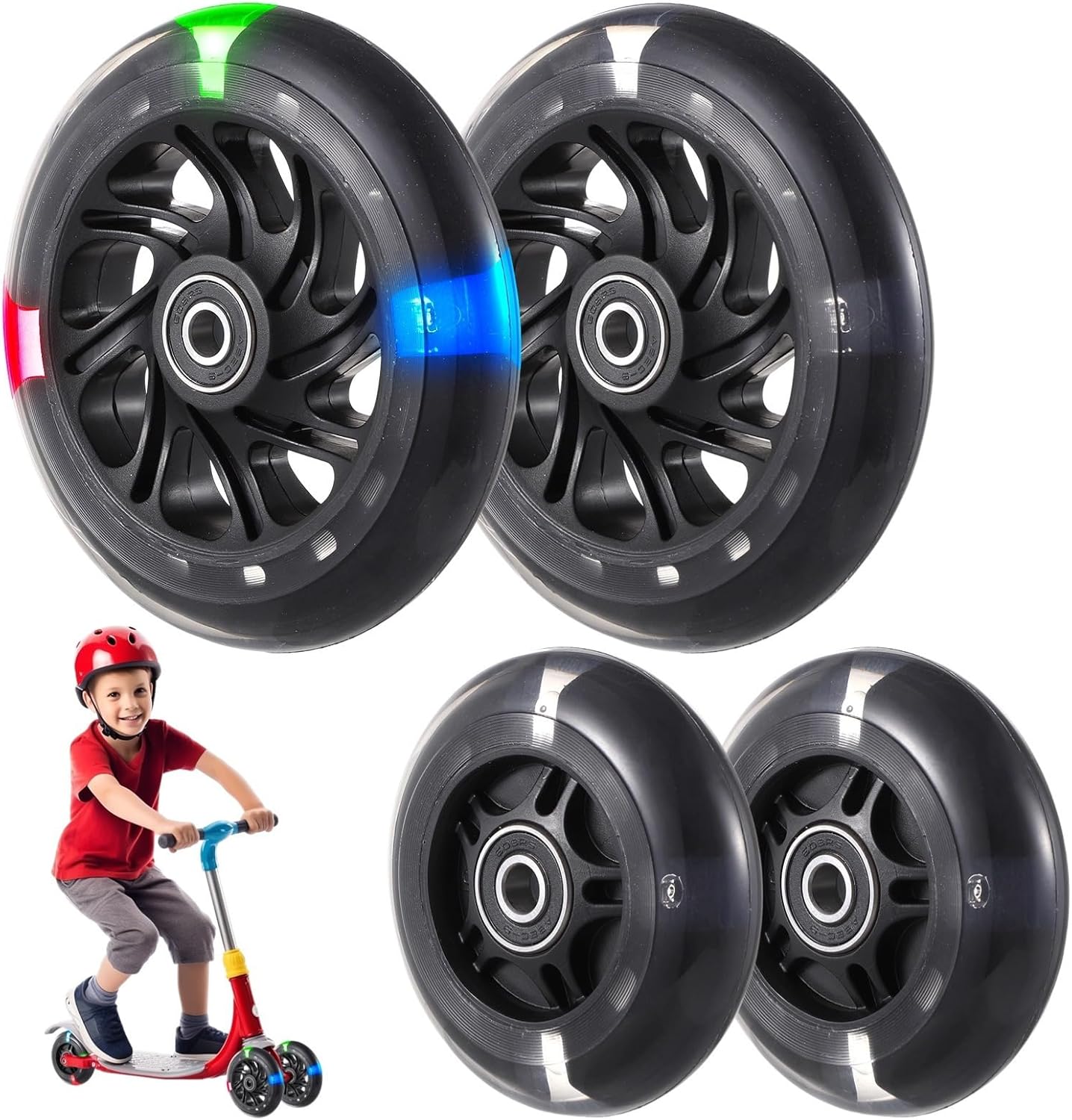 4-Pack Light-Up Scooter Wheels Set, 120Mm Front & 80Mm Rear Replacement Wheels, Colorful Pu Silent Ride, Ideal for 3-Wheeled Kick Scooters