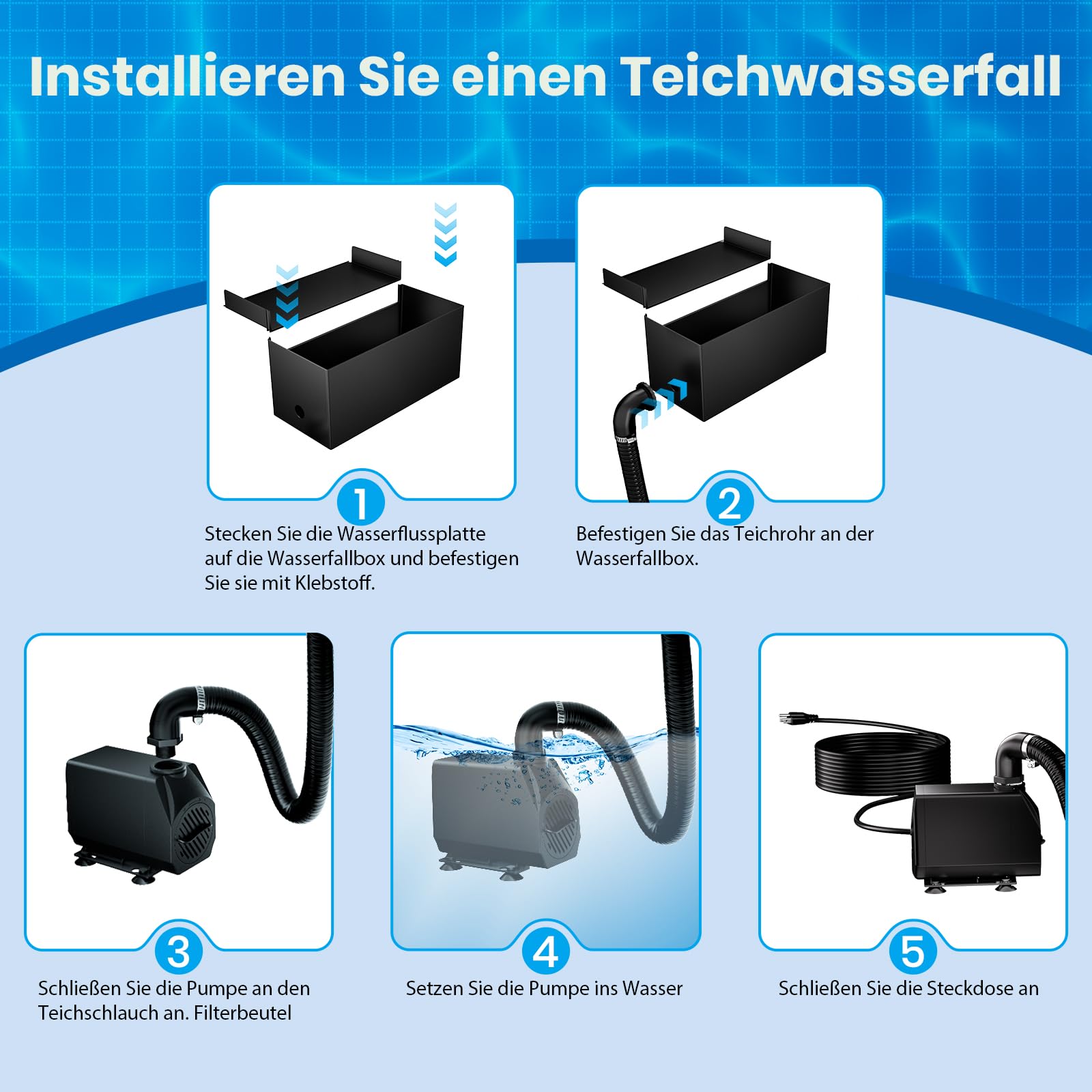 Biling Wasserfall für Gartenteich Teich Garten, 30cm Edelstahl Teichwasserfall Set 40W 2500 L/H Teichpumpe Wasserfall Deko Garten Wasserspiel Patio Terrasse Wasserwand Koiteich Außenteich