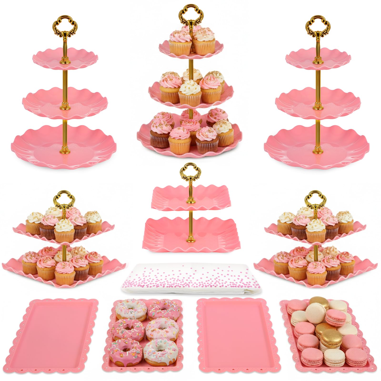 Photo 1 of Pack of 11 NWK Cake Stand Set, with 3 x Two-Tier and 3 x Three-Tier Cupcake Stands, 4 x Appetizer Trays, 1 x Tablecloth for Birthday Bridal Baby Shower Party (Pink)