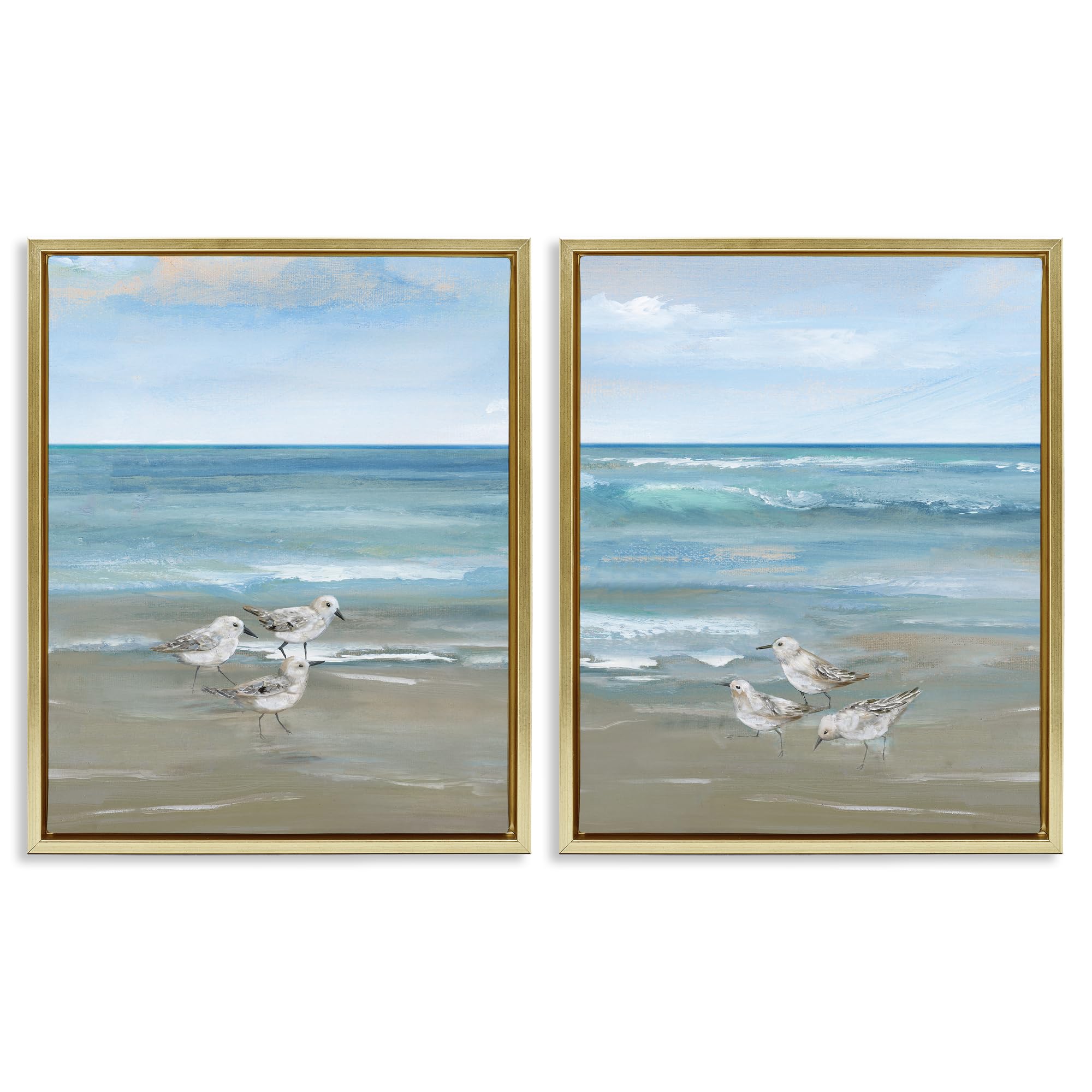 Stupell Industries Metallic Gold (Matte) 'Seaside Sanderlings At Dawn', 2Pc Floating Frame Art Set 2, Gold, 17 X 21 Inches, Easy To Hang And Sturdy, Made In Usa, By Nan
