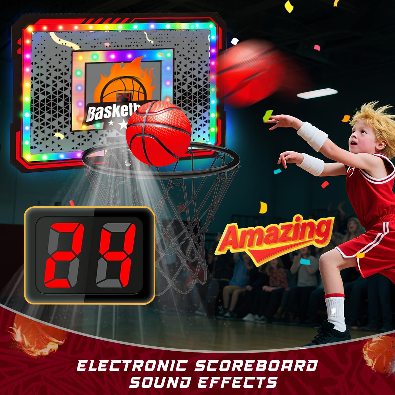 VATOS Aro de baloncesto para interiores, marcador de luz LED con control remoto, juego de baloncesto sobre la puerta, juguete de dormitorio para niños de 3 a 8 años