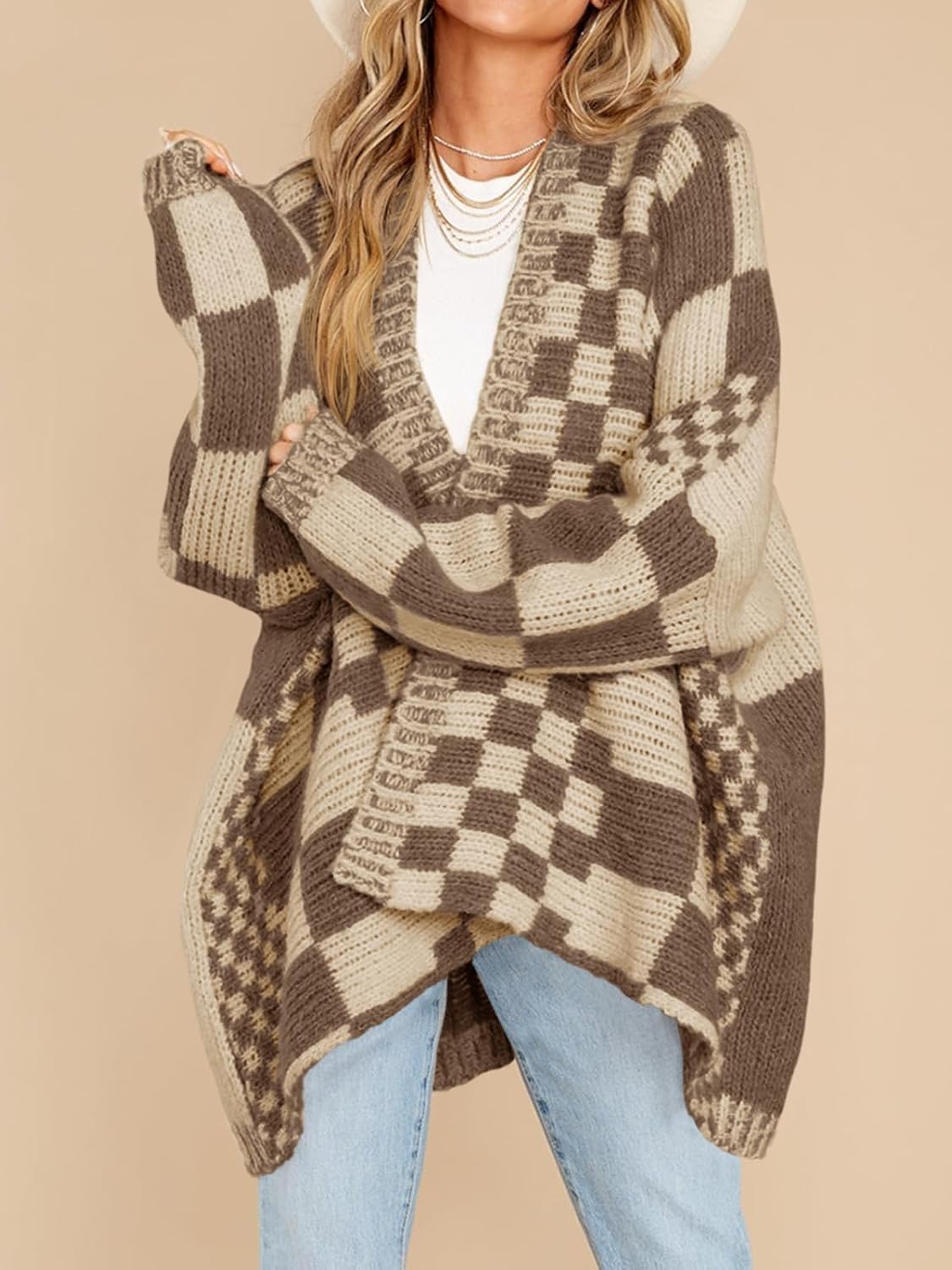 Saodimallsu Womens Checkered Sweater Color Block Plaid Cardigans Oversized Long Sleeve Knit Open Front Coats - Image 3
