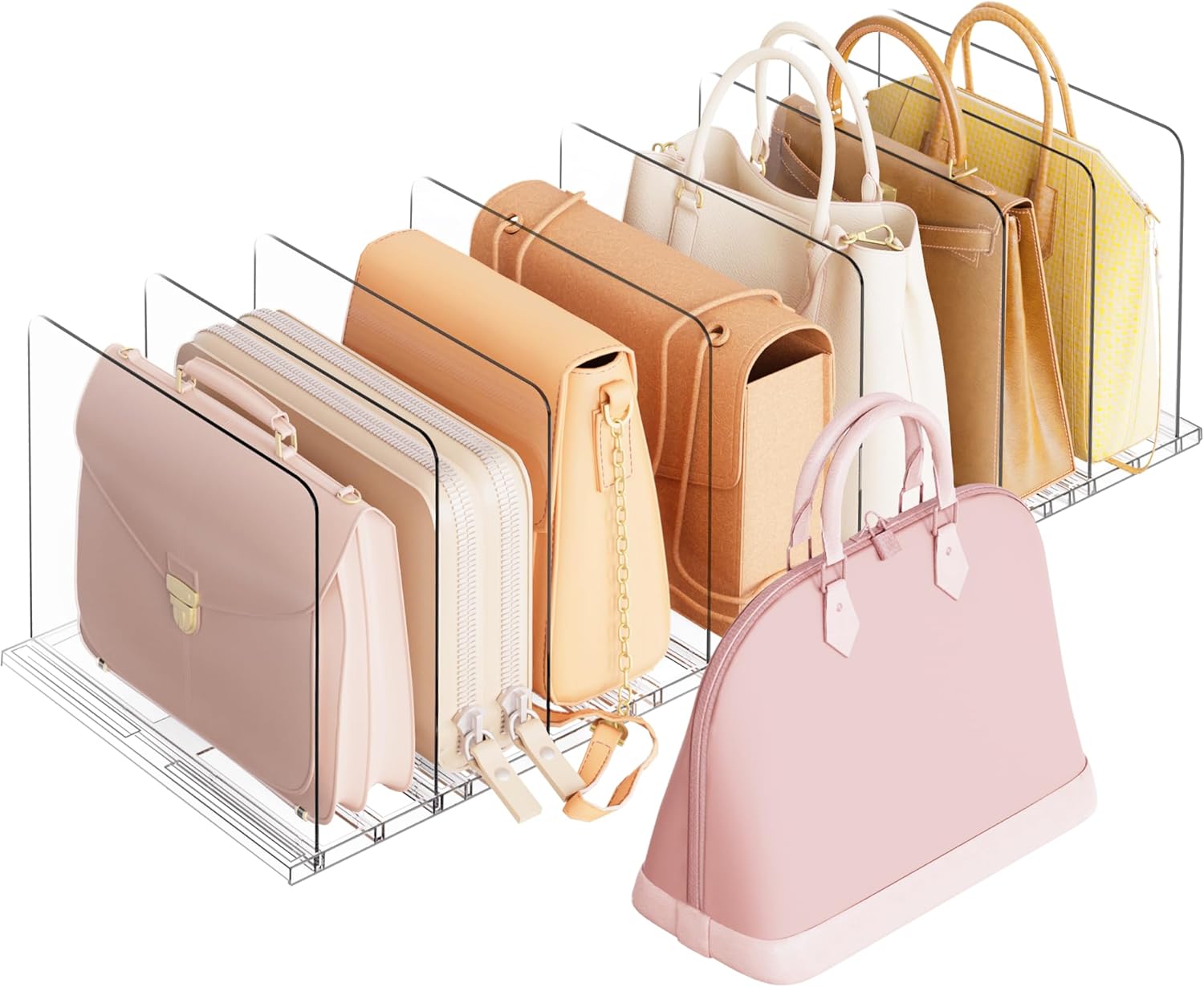 Adjustable rack for organizing purses bags clothes kitchen office