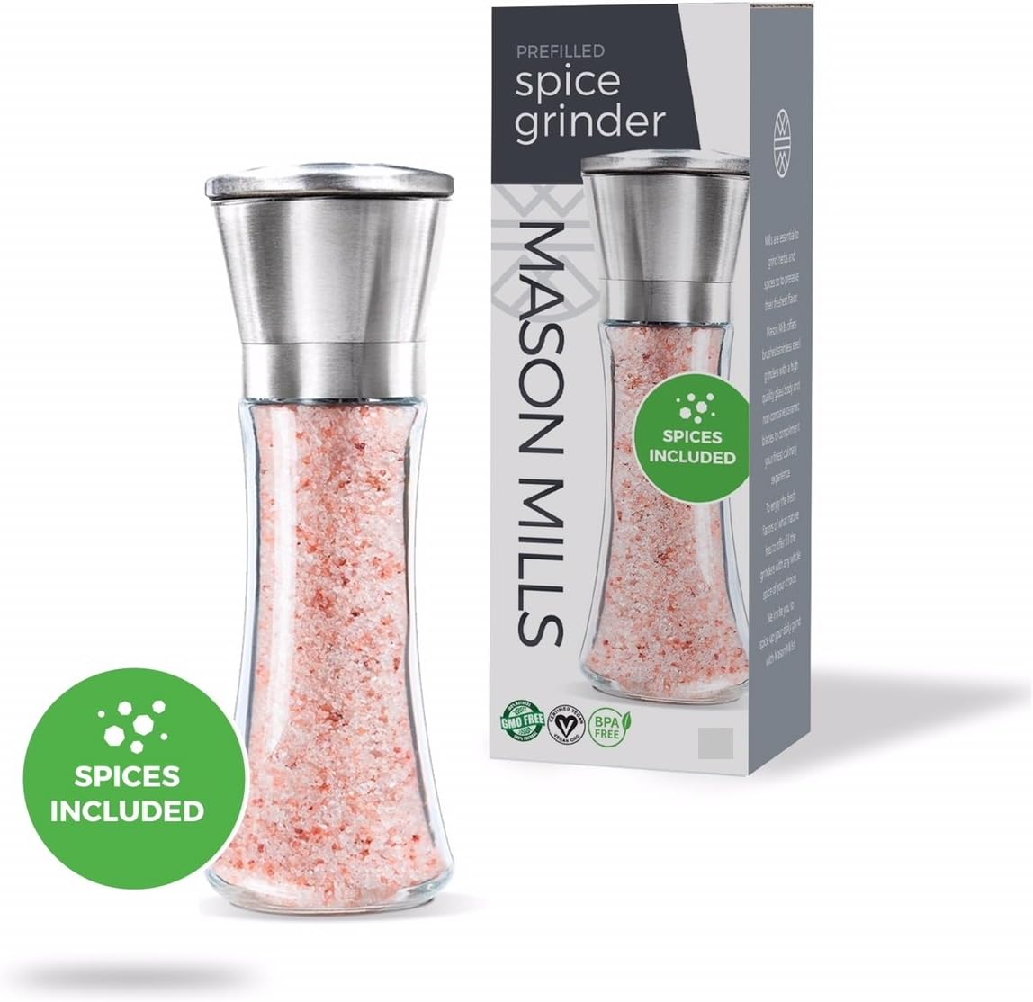 Prefilled Stainless Steel Salt and Pepper Grinder - Includes Pink Himalayan Salt - Glass and Stainless Steel Mill - Large Capacity Shaker - Top Loading Design by Mason Mills