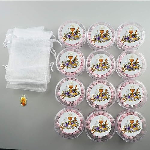 Rosario de primera comunión de madera en un recipiente, con bolsa de regalo, 12 unidades