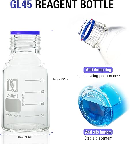 Vista 11 de ALWSCI Botella redonda de vidrio graduado de 16.9 fl oz con tapa de rosca azul GL45, vidrio de borosilicato 3.3, botella de reactivo de laboratorio