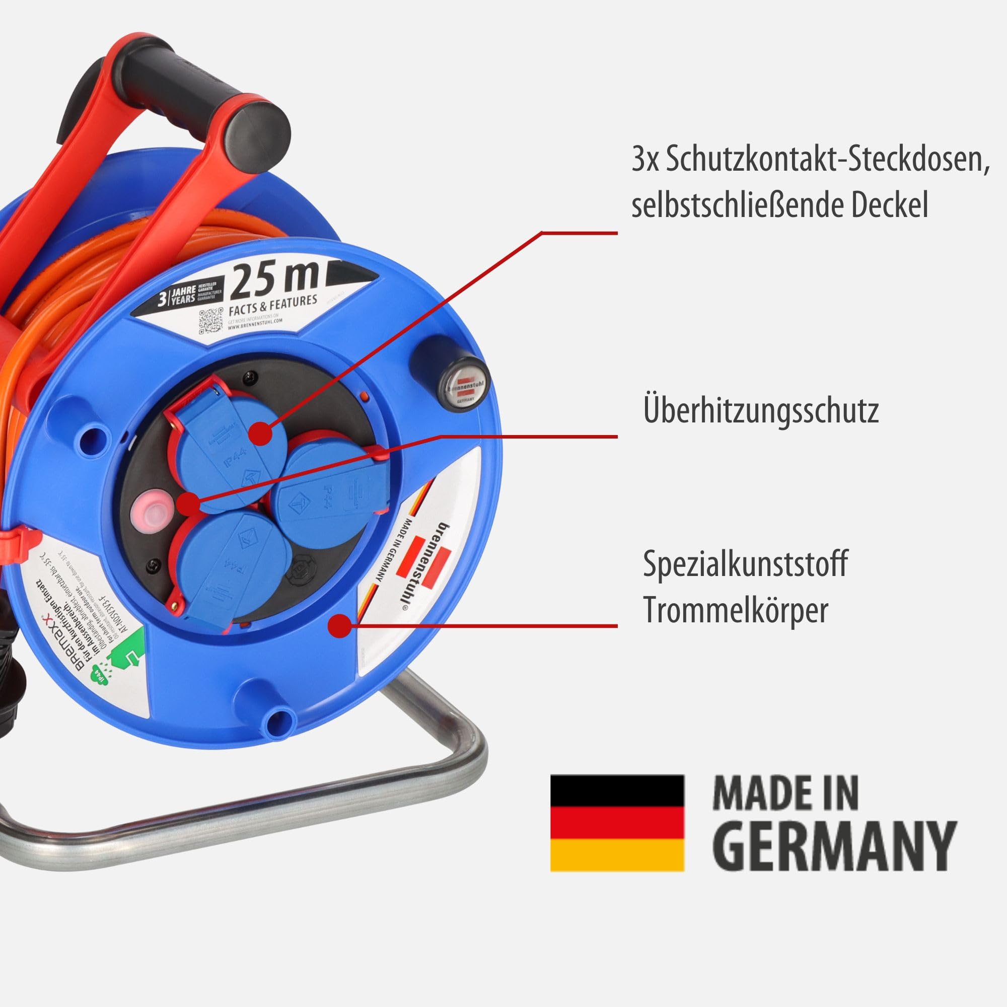 Brennenstuhl Garant Serie IP44 Lizenziert 25 Meter Spule Verlängerungskabel orange