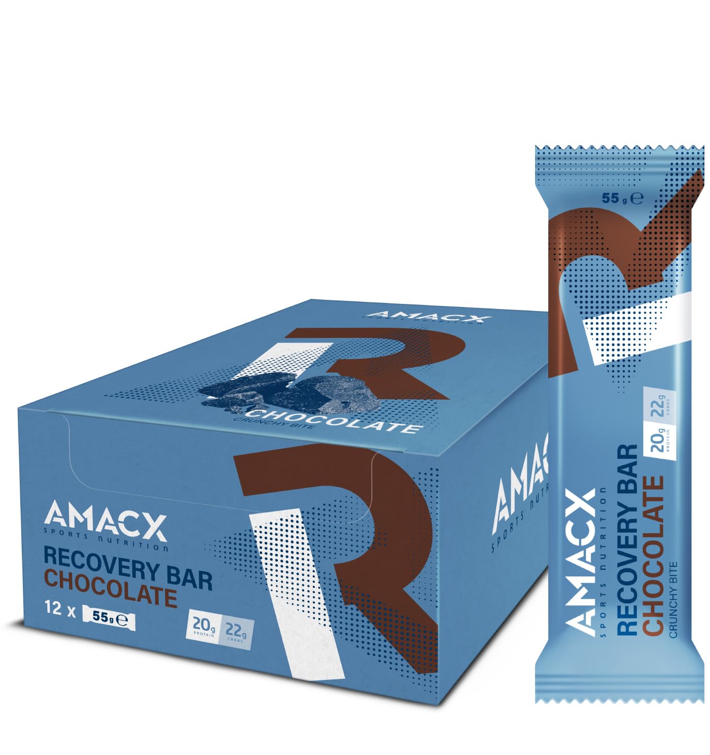 AMACX Barre Protéinée Post-Entraînement – Healthy Snacks Protéiné Recovery – Paquet de 12 – 20g de Protéines par Barre avec Whey Protein – Enrobage Chocolat – Nutrition Sportive – Chocolat