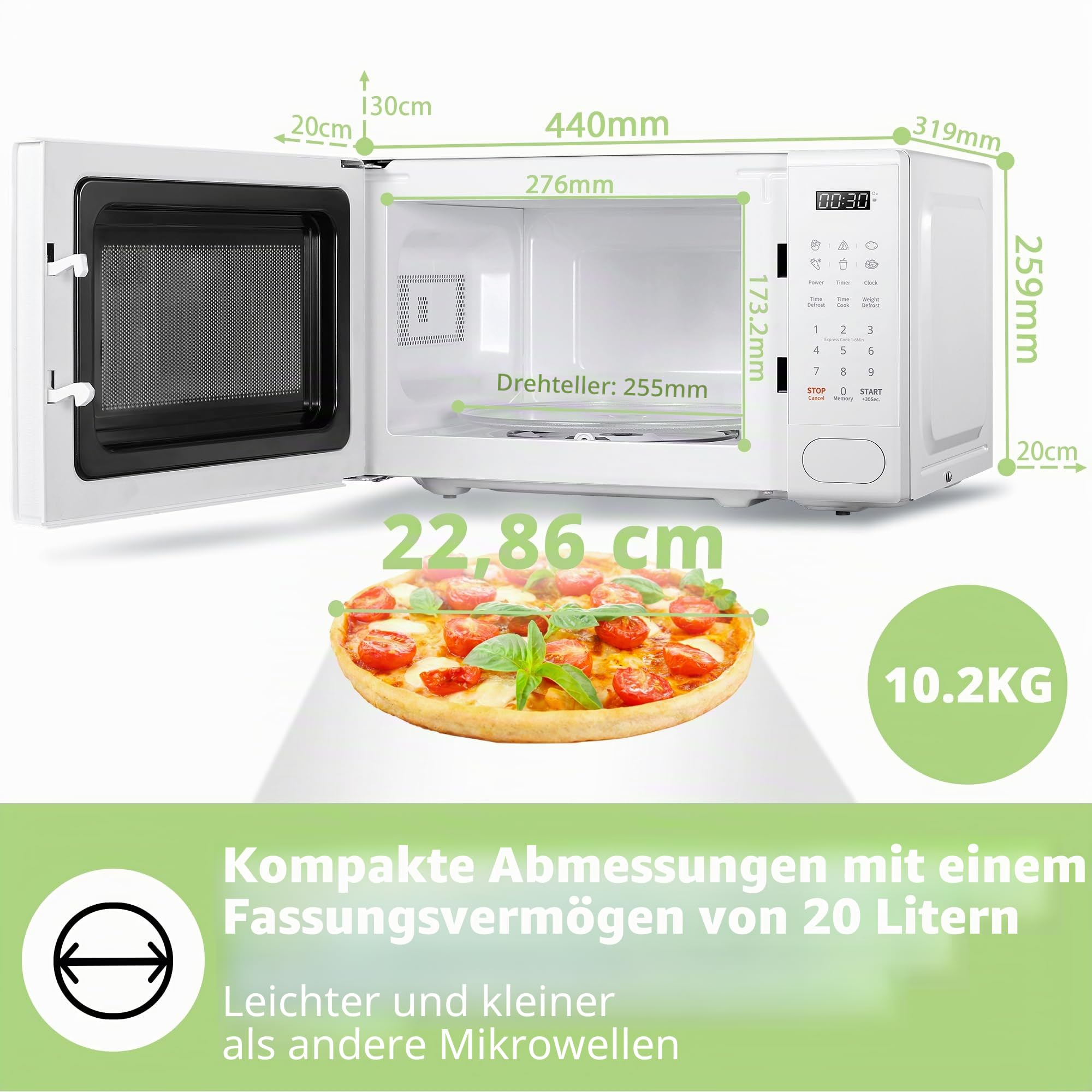COMFEE' Digitale Mikrowelle, 700 W, 20 l, 6 voreingestellte Menüs, Express Cook, 11 Leistungsstufen, Auftauen, Speicherfunktion - Weiß - CM-E202CC(WH)
