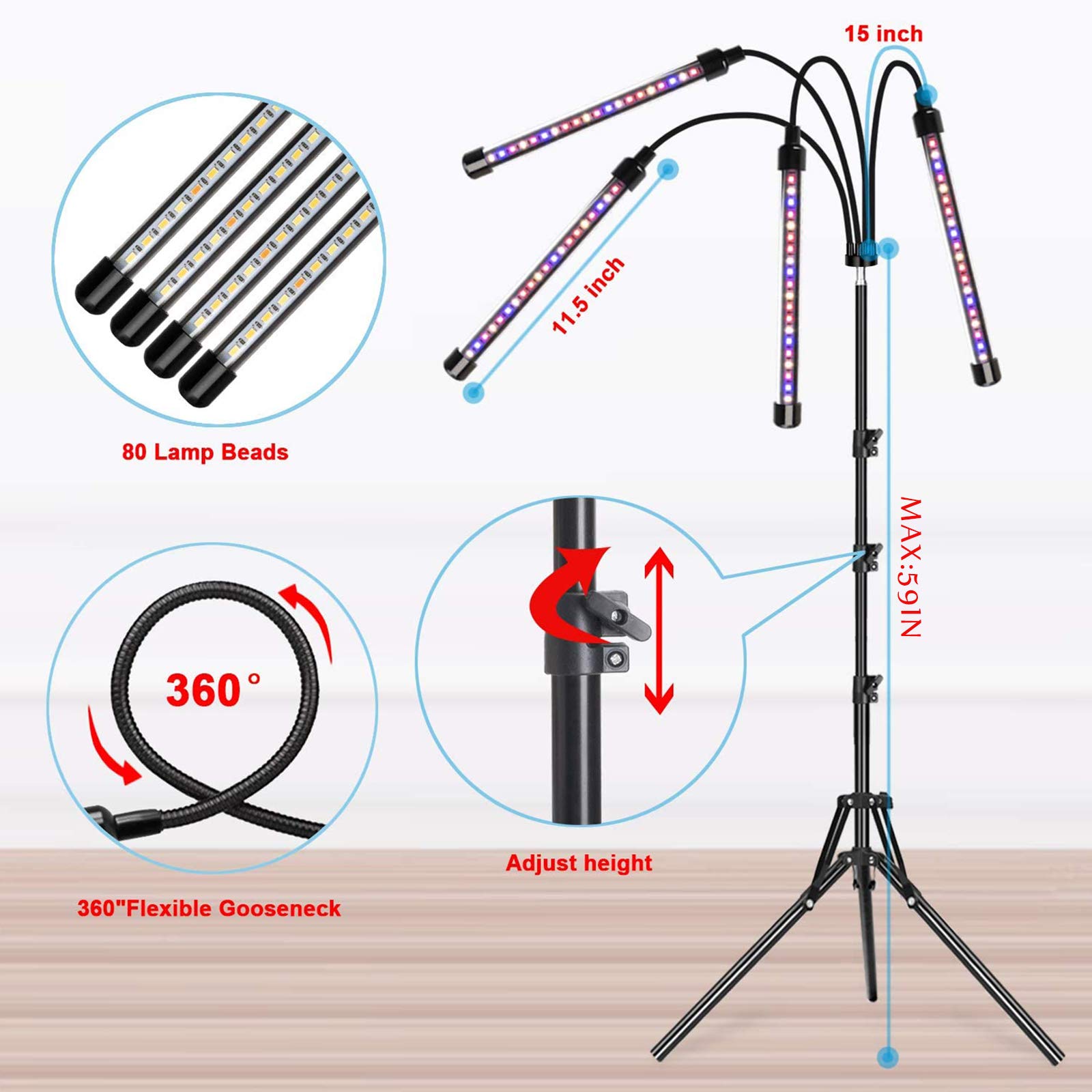 Lampada per Piante, 4 Luci A LED da Terra con Treppiede Regolabile per Piante da Coltivazione Interno, 80LED con Timer Automatico 4H/8H/12H,Spettro Completo, 3 modalità 9 Livelli di Luminosità
