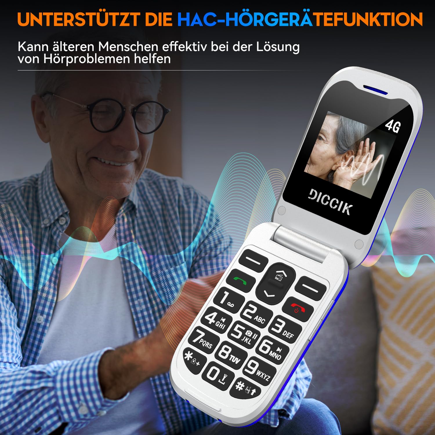 Diccik K1 4G Telefono Cellulare per Anziani, Flip Telefoni Cellulari Tasti Grandi, Funzione HAC,Pantalla 1.7", Volume Alto, Funzione SOS(nero)