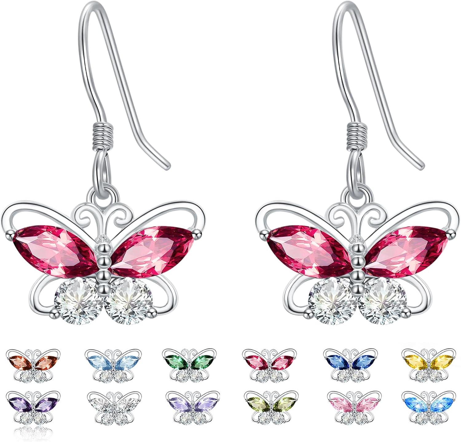 Dreamboat Butterfly Birthstone Dangle Drop Earrings for Women 925 Sterling Silver Cubic Zirconia Butterfly Dangling Hook Jewelry Anniversary Birthday Gifts for Mom Wife Daughter Her