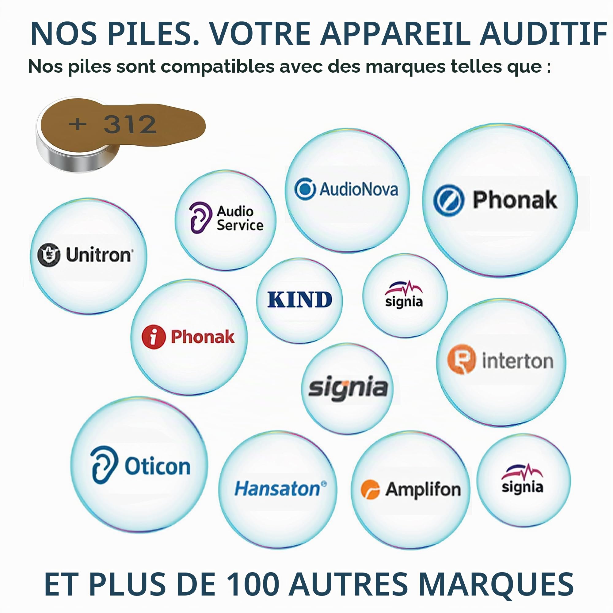 Signia Lot de 60 piles pour appareils auditifs - Taille 312 - Marron - 10 x 6 piles - Chiffon de nettoyage inclus