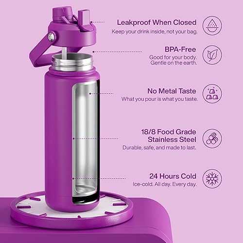 Miniatura 709 de ENCOOL Botella de agua aislada con popote, de acero inoxidable, a prueba de fugas, sin BPA, al vacío de doble pared que se mantiene fría durante 24