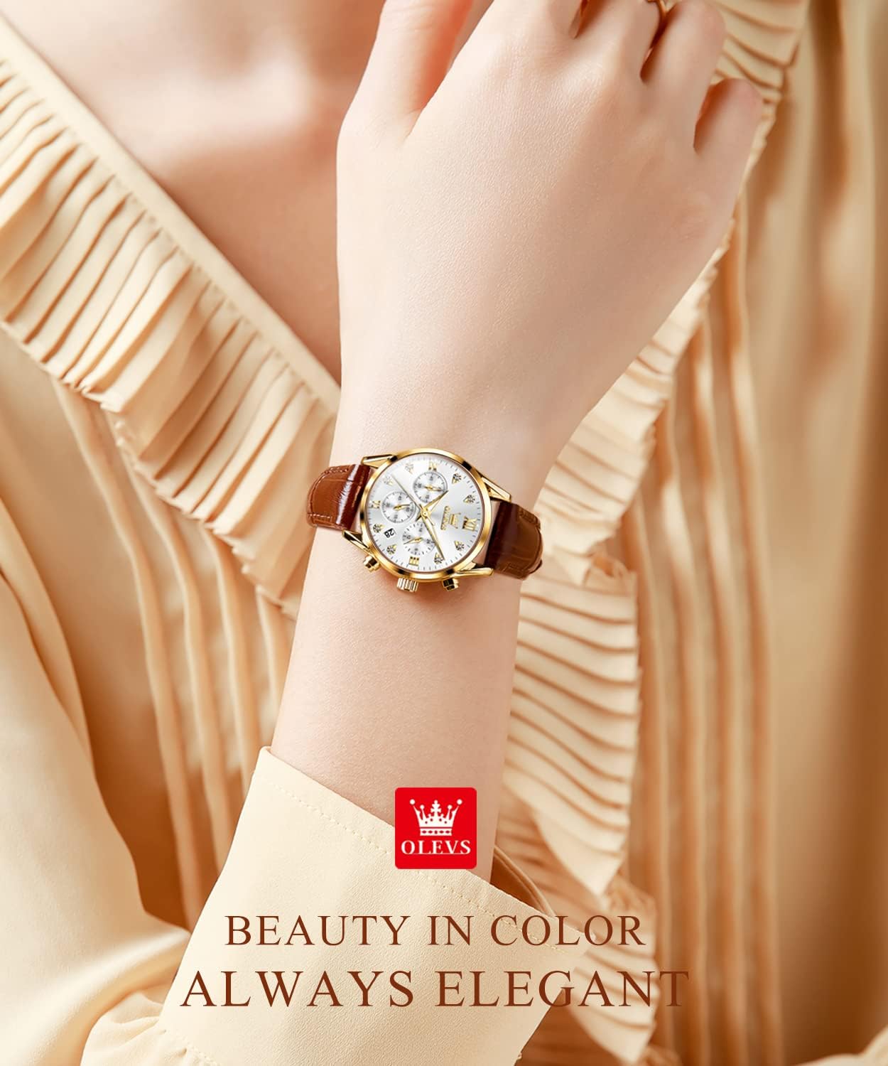 OLEVS Women Watch Brown Leather Straps Ladies Rose Gold Elegant Luxury Dress Chronograph Waterproof Wrist Watch Date Day - Image 3