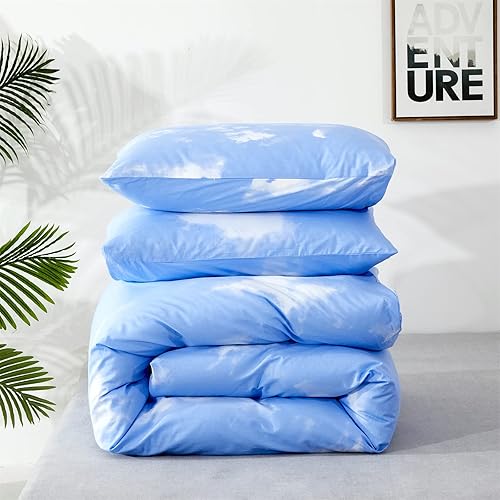 Miniatura 6 de Wellboo Juego de edredón azul y blanco, tamaño individual, para niños y niñas, edredón de algodón con nubes azules y blancas para mujer, suave,