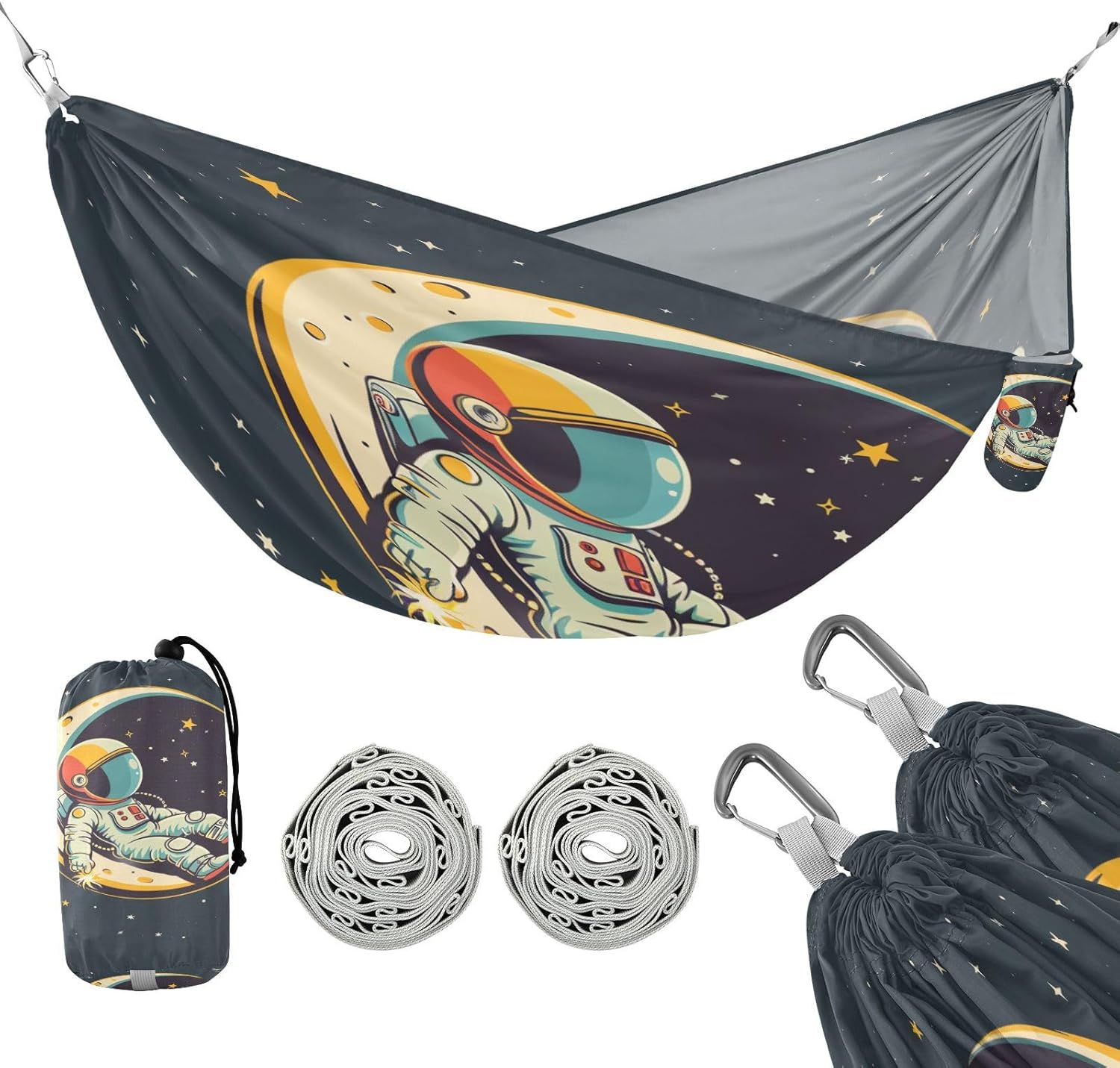 ALAZA Cute Astronaut Stars Camping Hammocks Single or 2 Person 500 lbs Portable Parachute Travel Hammock w/Tree Straps for Hiking Backpacking Indoor Outdoor